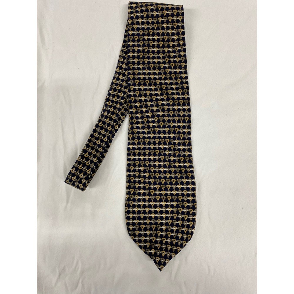 Bello Uomo Mens Silk Tie Navy Blue Gold Geometric Pattern Hand Made Necktie